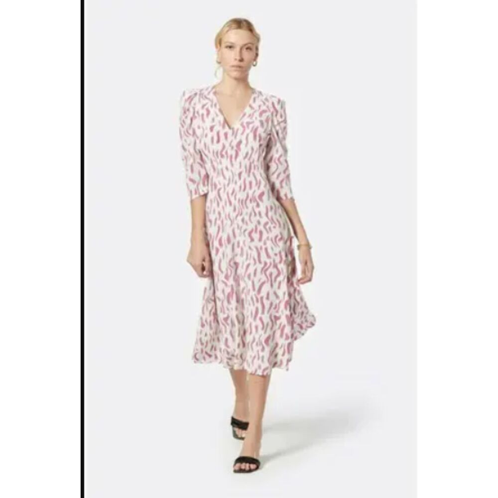 JOIE Albi 3/4 Sleeve Silk Midi Dress Pink White Retro Size 0